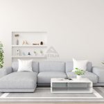 Gray sofa in white living room interior with copy space, 3D rendering